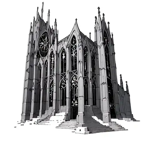 A cyberpunk-inspired gothic cathedral with intricate stained glass windows and neon accents tattoo design idea