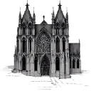 A cyberpunk-inspired gothic cathedral with intricate stained glass windows and neon accents tattoo design idea