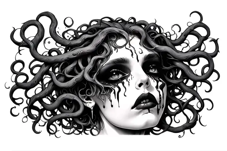Medusa with blacked out eyes and tears heavy contrast tattoo design idea