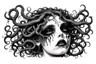 Medusa with blacked out eyes and tears heavy contrast tattoo design idea