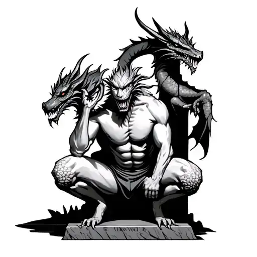 demon squatting tombstone with dragon on a black tattoo design idea