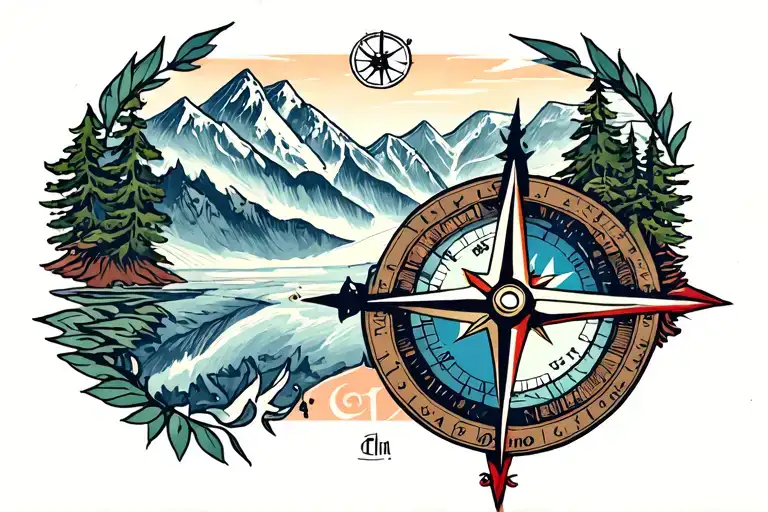 mountain and compass tattoo design idea