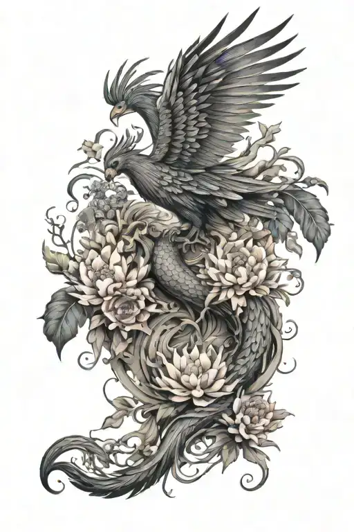 mythology mixed rising phoenix with japanese dragon surrounded by japanese flowers  tattoo design idea