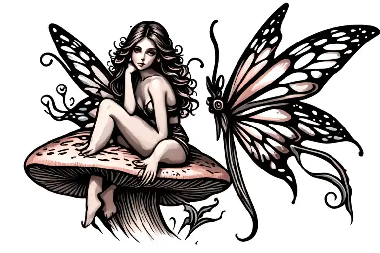 fairy sitting on a mushroom tattoo design idea