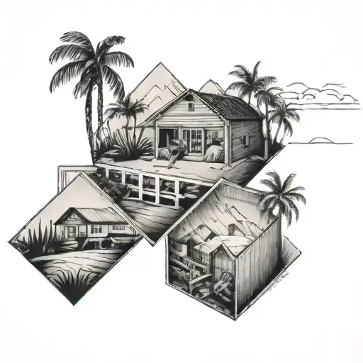 3 simple line box tattoos in a row with a picture of palm trees, a picture of mountains, and a picture of farm house  tattoo design idea