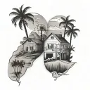 3 simple line box tattoos in a row with a picture of palm trees, a picture of mountains, and a picture of farm house  tattoo design idea