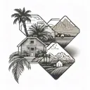 3 simple line box tattoos in a row with a picture of palm trees, a picture of mountains, and a picture of farm house  tattoo design idea