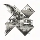 3 simple line box tattoos in a row with a picture of palm trees, a picture of mountains, and a picture of farm house  tattoo design idea