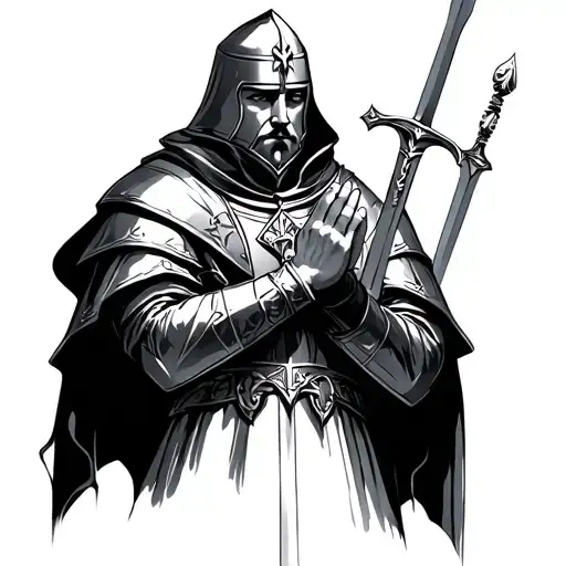 Templar knight in prayer with sword tattoo design idea