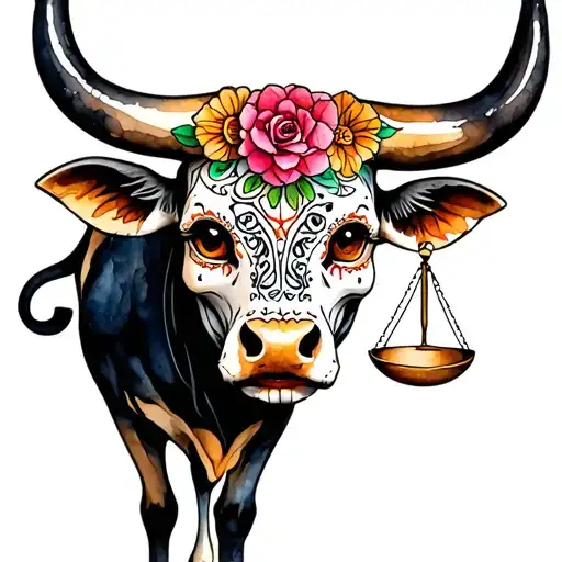 feminine bull with sugar skull markings, brown eyes and two Libra scales and dark background tattoo design idea