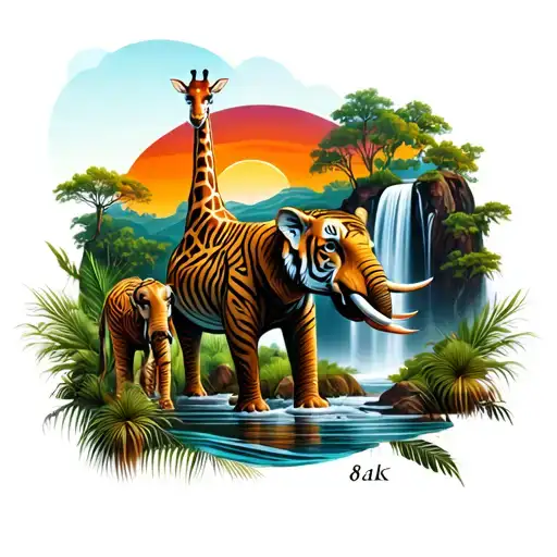 safari theme, tiger giraffe elephant, orange sunset, waterfall in background. tattoo design idea