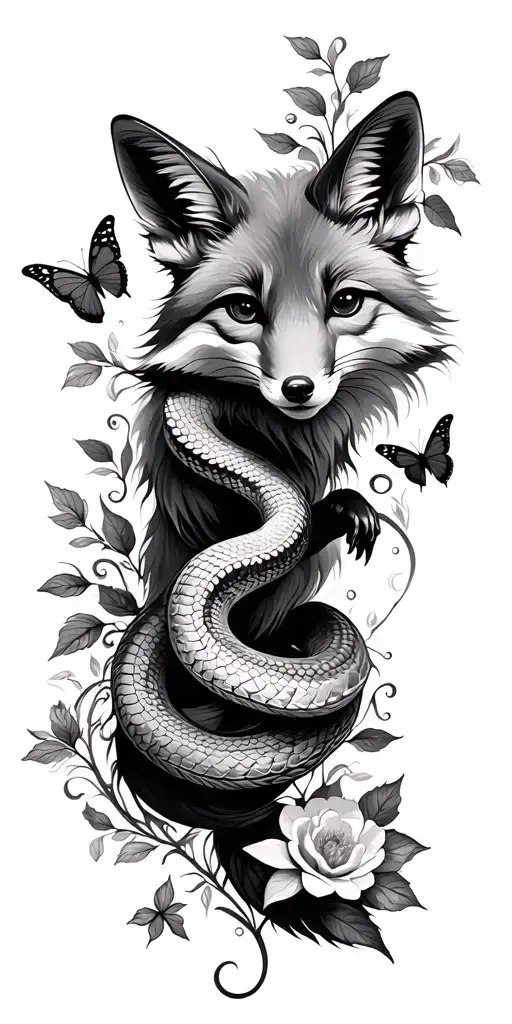 running fox & snake & vines wrapping & butterflies & flowers tattoo design idea