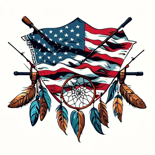 American flag bandana with fishing poles and dream catcher tattoo design idea