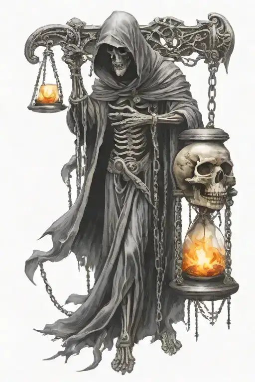 side profile full body grim reaper holding a hourglass with chains standing on skulls tattoo design idea