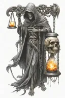 side profile full body grim reaper holding a hourglass with chains standing on skulls tattoo design idea