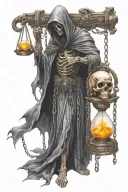 side profile full body grim reaper holding a hourglass with chains standing on skulls tattoo design idea