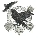 vegvesir in the foreground. A raven sits above it. Below the vegvesir is a path with Viking symbols tattoo design idea