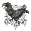 vegvesir in the foreground. A raven sits above it. Below the vegvesir is a path with Viking symbols tattoo design idea