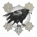 vegvesir in the foreground. A raven sits above it. Below the vegvesir is a path with Viking symbols tattoo design idea