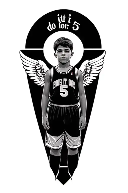 make me a tattoo design that says"do it for 5" and a boy with wings and wearing a basketball jearsery with the number 5 tattoo design idea
