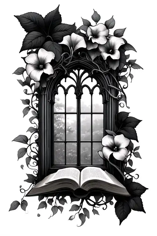 Roman Gothic architecture window with open book and morning glory vine flowers or mushrooms intertwined tattoo design id tattoo design idea
