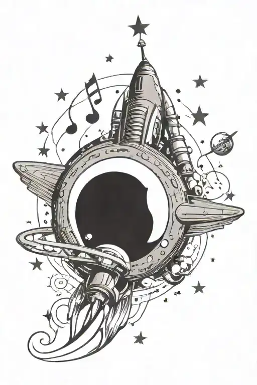 rocketship flying with planets, stars and music notes flowing tattoo design idea