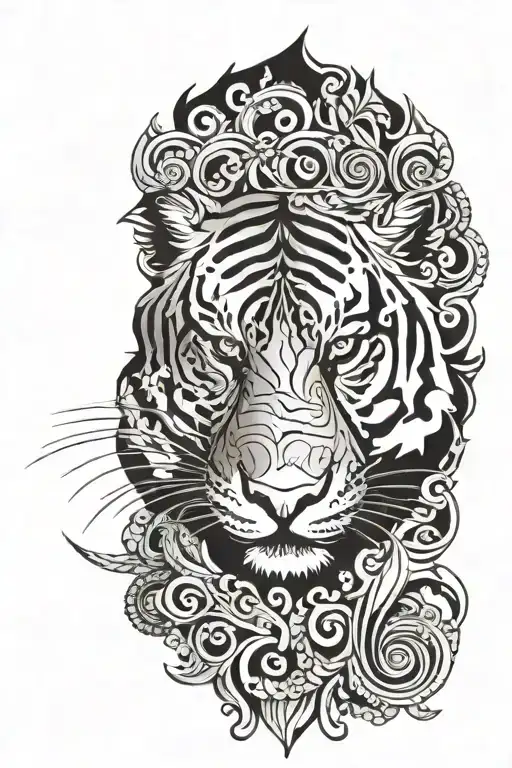 tiger face surrounded by scrollwork tattoo design idea