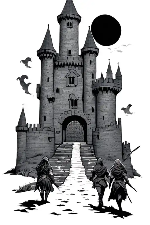 medieval castle with two female adventurers coming home on the path to the gate. tattoo design idea