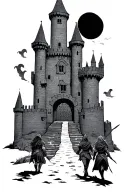 medieval castle with two female adventurers coming home on the path to the gate. tattoo design idea