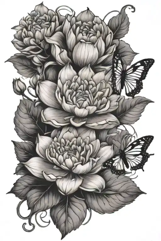 carnation and water lily flower with butterflies flying tattoo design idea