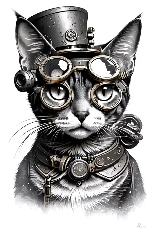 STEAMPUNK CAT WITH GOGGLES TATTOO BLACK WORK LINE WORK SIMPLE LINES WITH SMALL AMOUNT OF SHADING tattoo design idea