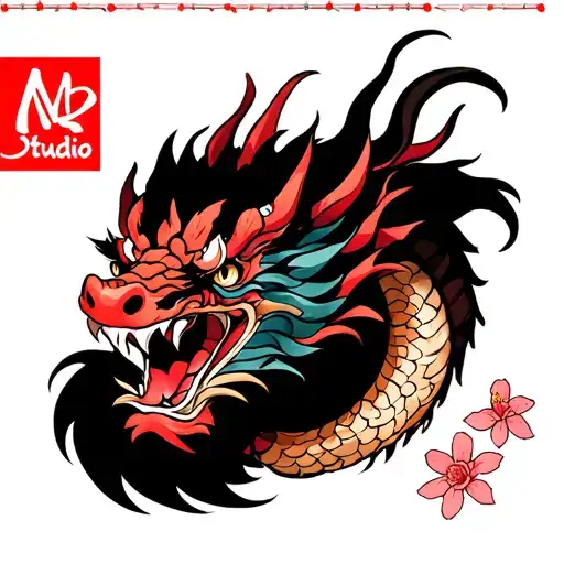 Japanese style shu dragon with sakuras and MB Studio banner tattoo design idea