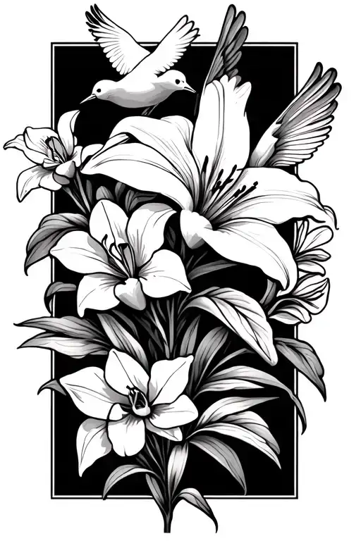 a flower group with lilies, orchid, daffodils, and two doves tattoo design idea