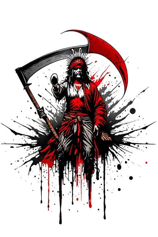 Blackfoot west virgina familt crest holding scythe tattoo design idea