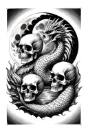 3 human skulls, a mermaid skeleton, and a dragon skeleton below a fully eclipsed moon tattoo design idea