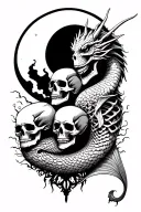 3 human skulls, a mermaid skeleton, and a dragon skeleton below a fully eclipsed moon tattoo design idea
