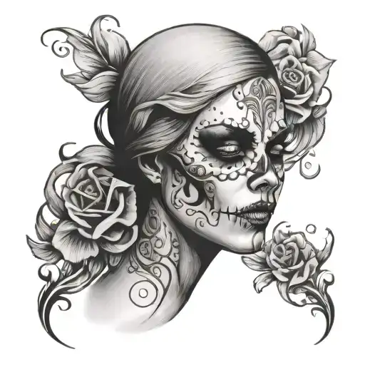 woman with half skull face tattoo design idea