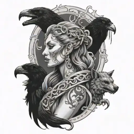 Hel goddess tattoo design with a raven, snake and hellhound tattoo design idea