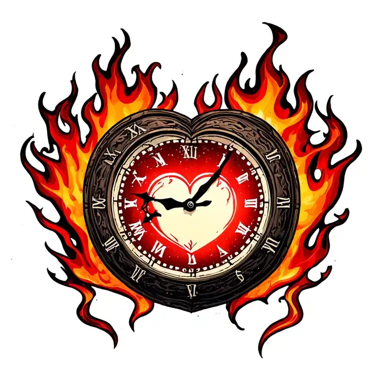 "Mélanie" clock heart in flame tattoo design idea