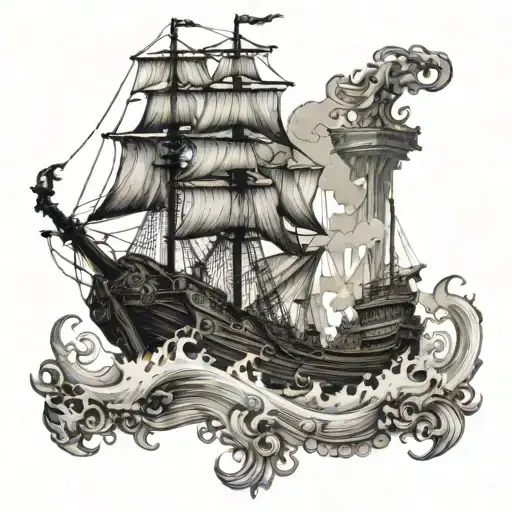 Incorporate a mythical sea creature like the Kraken attacking a pirate ship, inspired by Pirates of the Caribbean tattoo design idea
