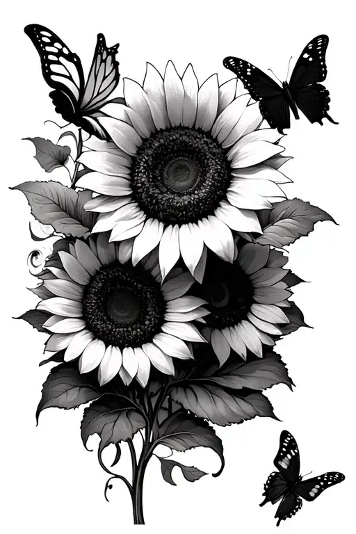 "Marilyn" sunflowers and butterflies fluttering tattoo design idea