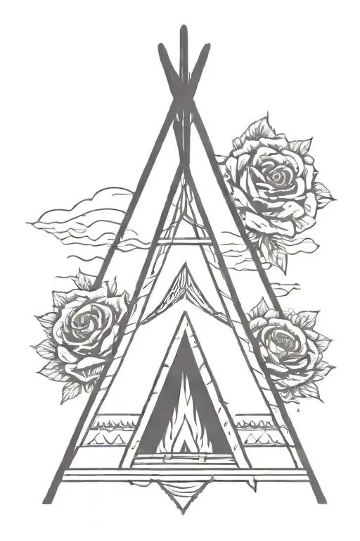 teepee, wild west, fire, rose tattoo design idea