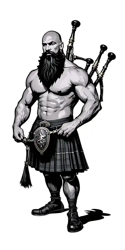 shirtless muscular bagpiper bald black beard tattoo design idea