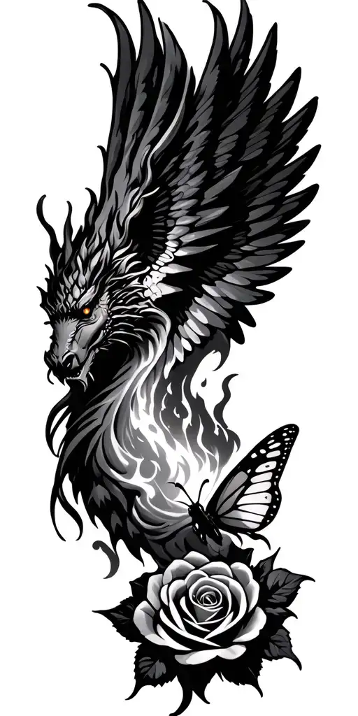 rose intertwined, angel wings, dragon breathing fire, butterfly tattoo design idea