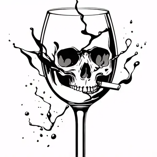 a wine glass broken into pieces, among the pieces of which is the shape of a skull from the smoke of a cigarette burning tattoo design idea