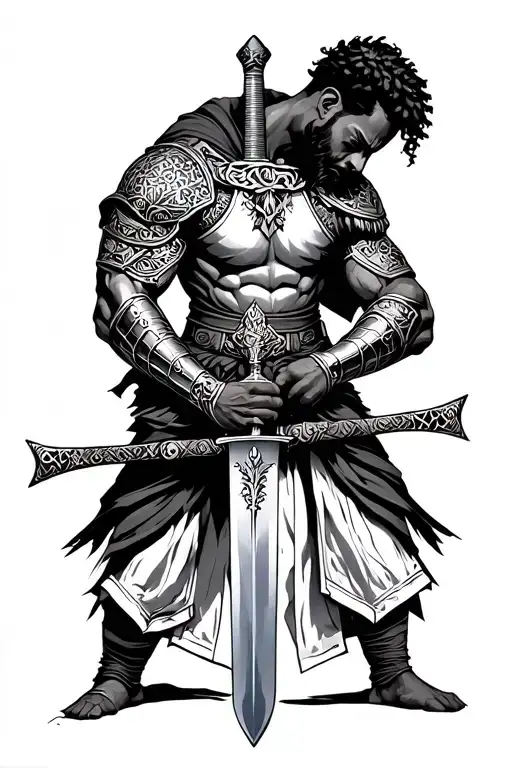 Black man wielding sword with armor tattoo design idea