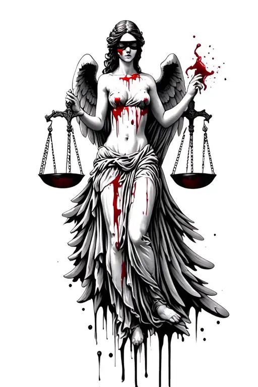 corrupted lady justice with blinfolded eyes with blood leaking from it with cracked wings and a broken sword tattoo design idea
