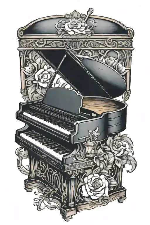 grand piano in a treasure chest  tattoo design idea