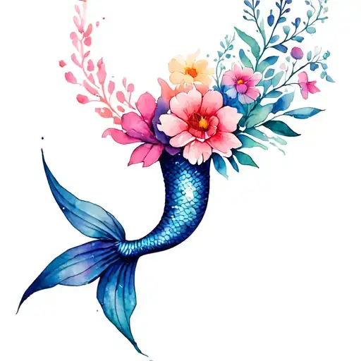 mermaid tail with flowers coming out the body vs the tail tattoo design idea