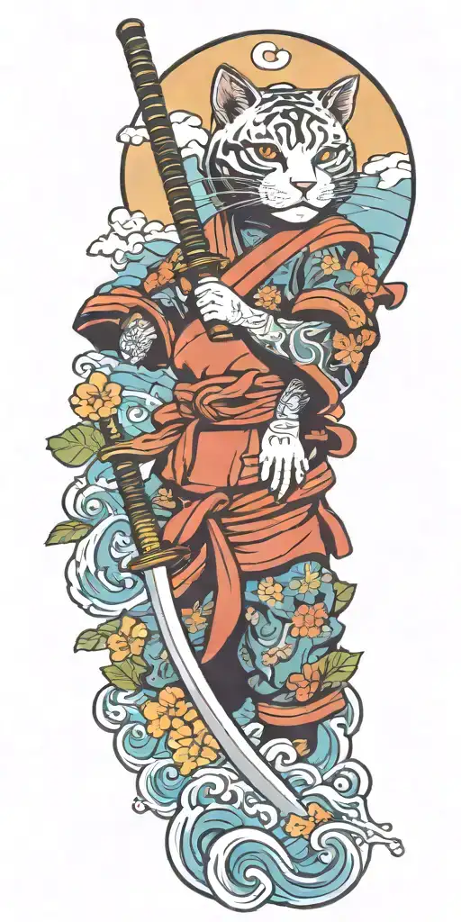 ninja cat holding katana, helmet, water, waves, lotus, sakura, clouds, whirlpool, leaves tattoo design idea